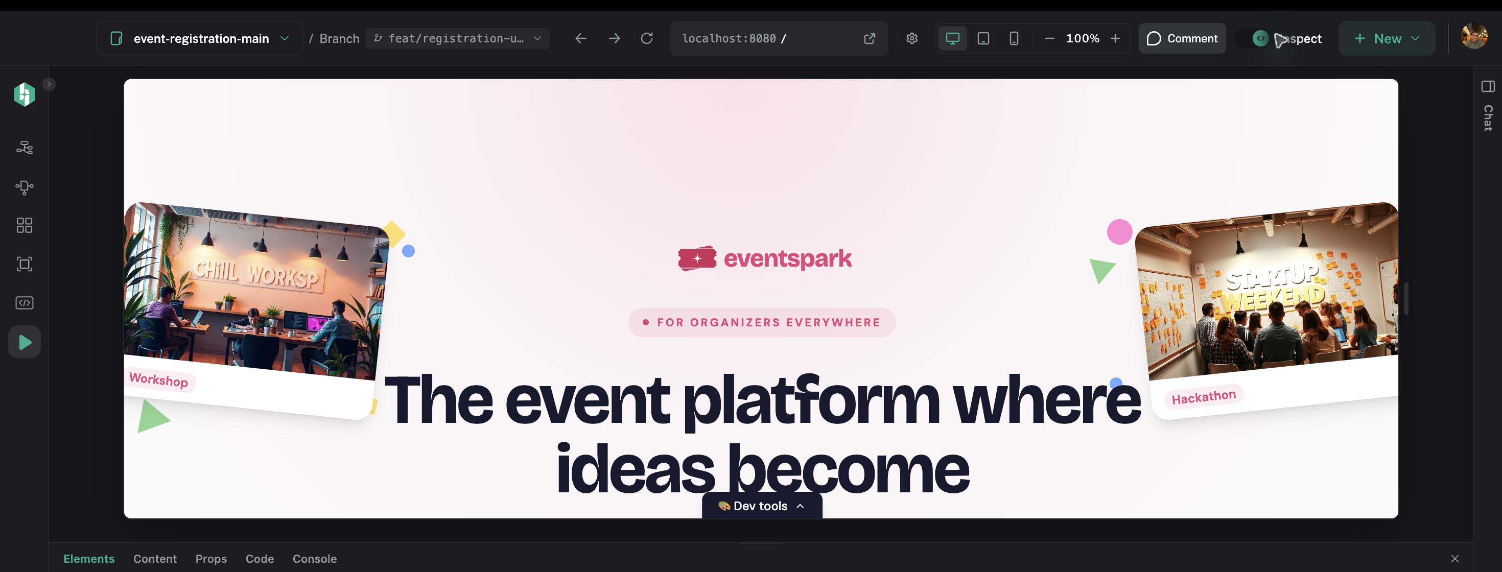 Inspect mode shows the running UI with the Elements panel and tabs for Content, Props, Code, and Console.