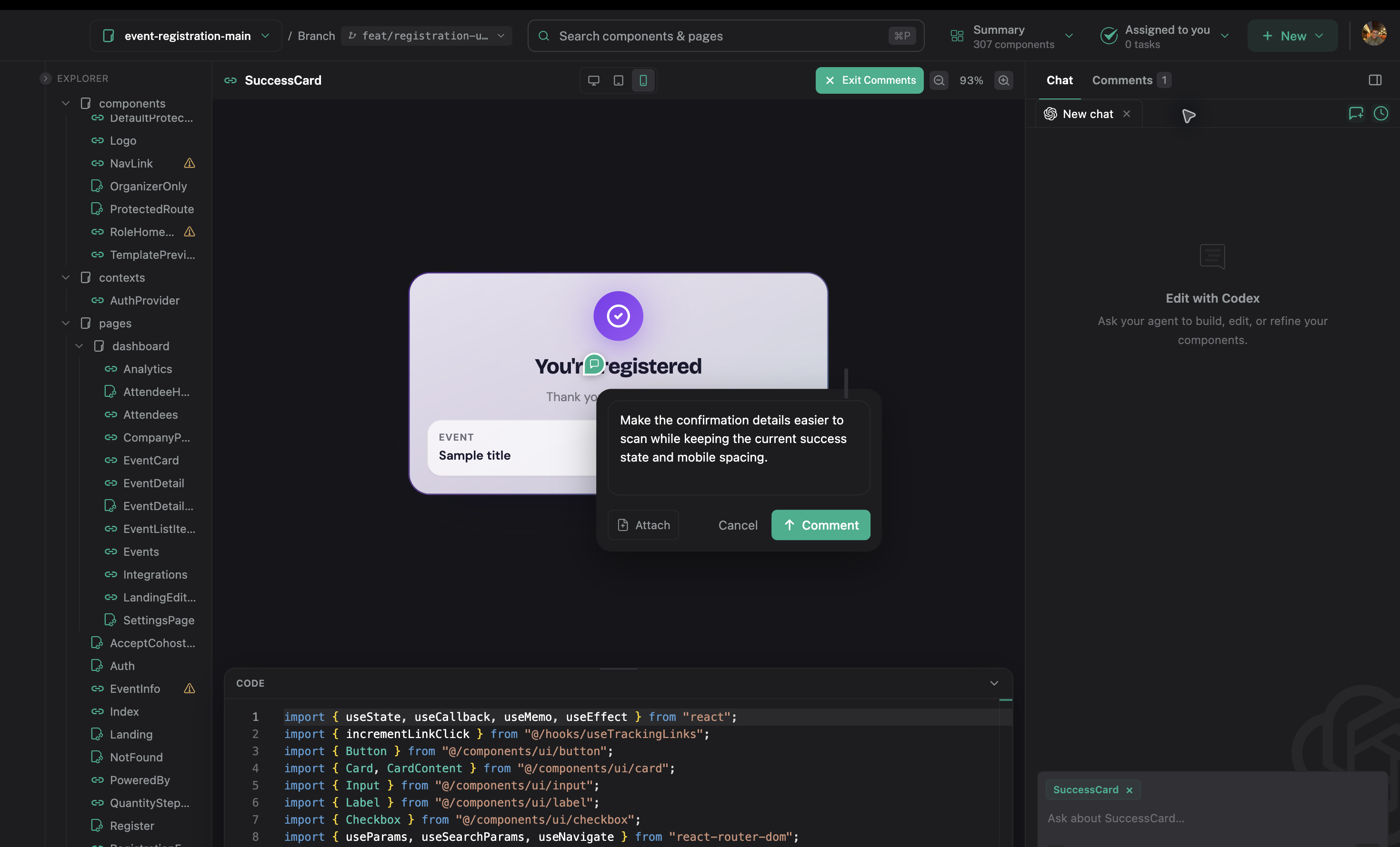 A selected Success Card is open in Comment mode with a focused request written in the preview comment composer.
