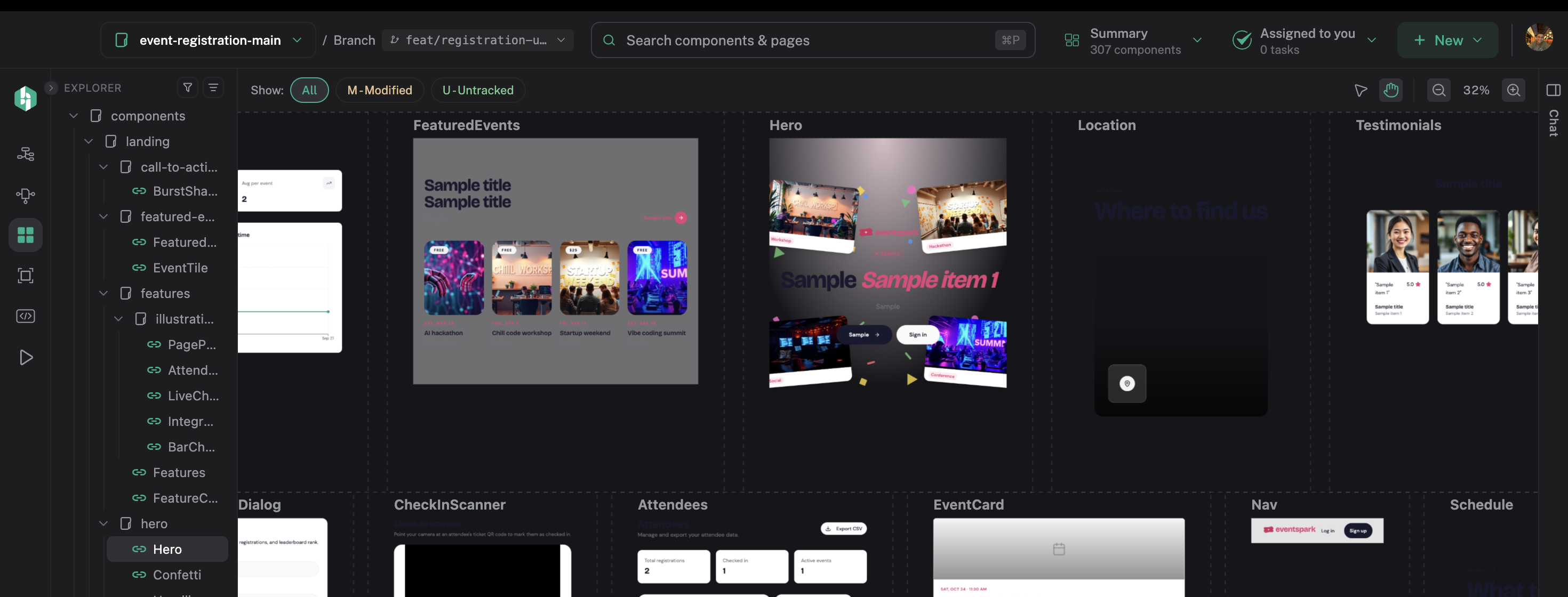 All Components shows the same project as a zoomed-out inventory of rendered UI sections.
