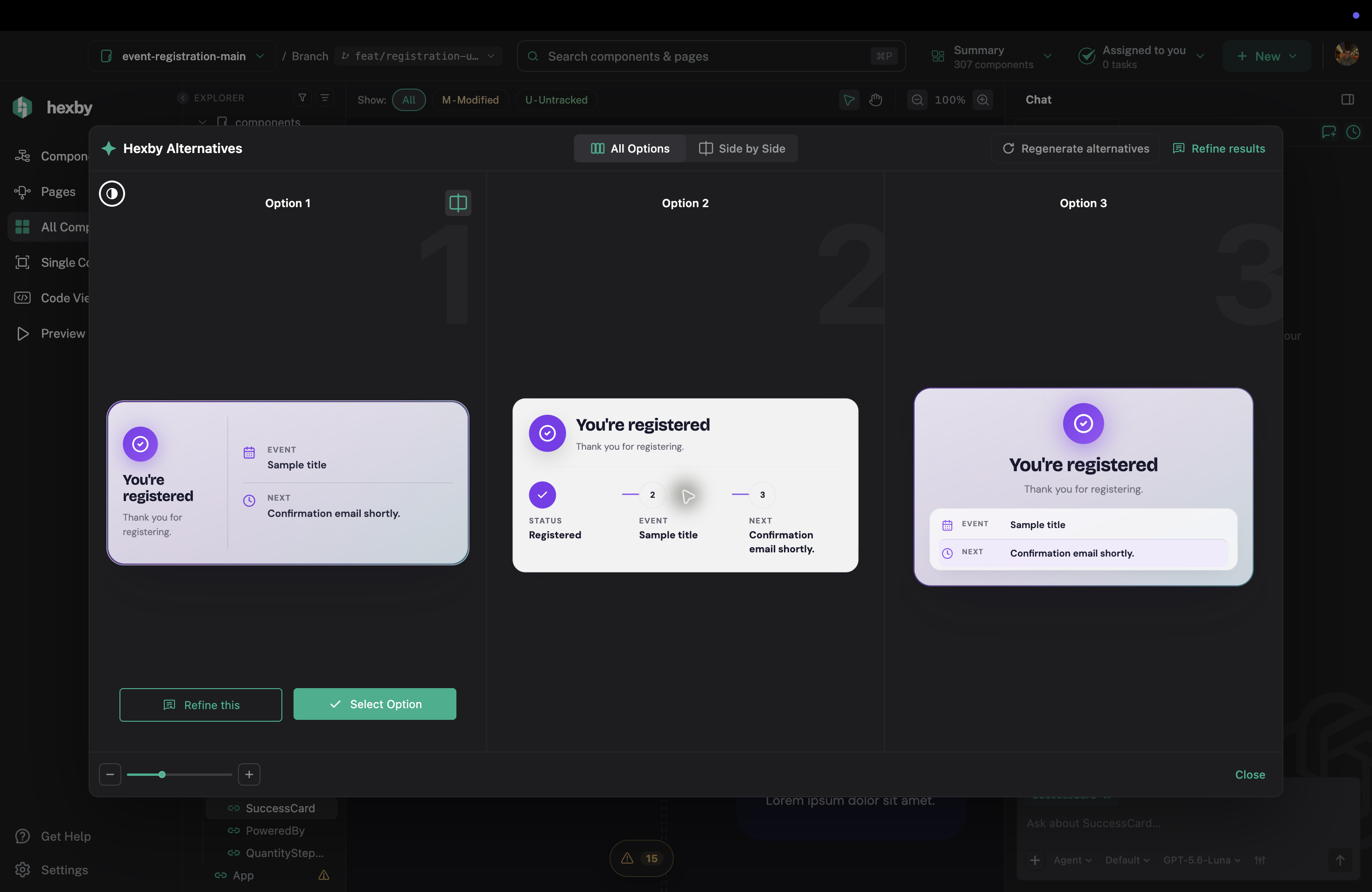 Hexby Alternatives shows three live Success Card directions while they render.