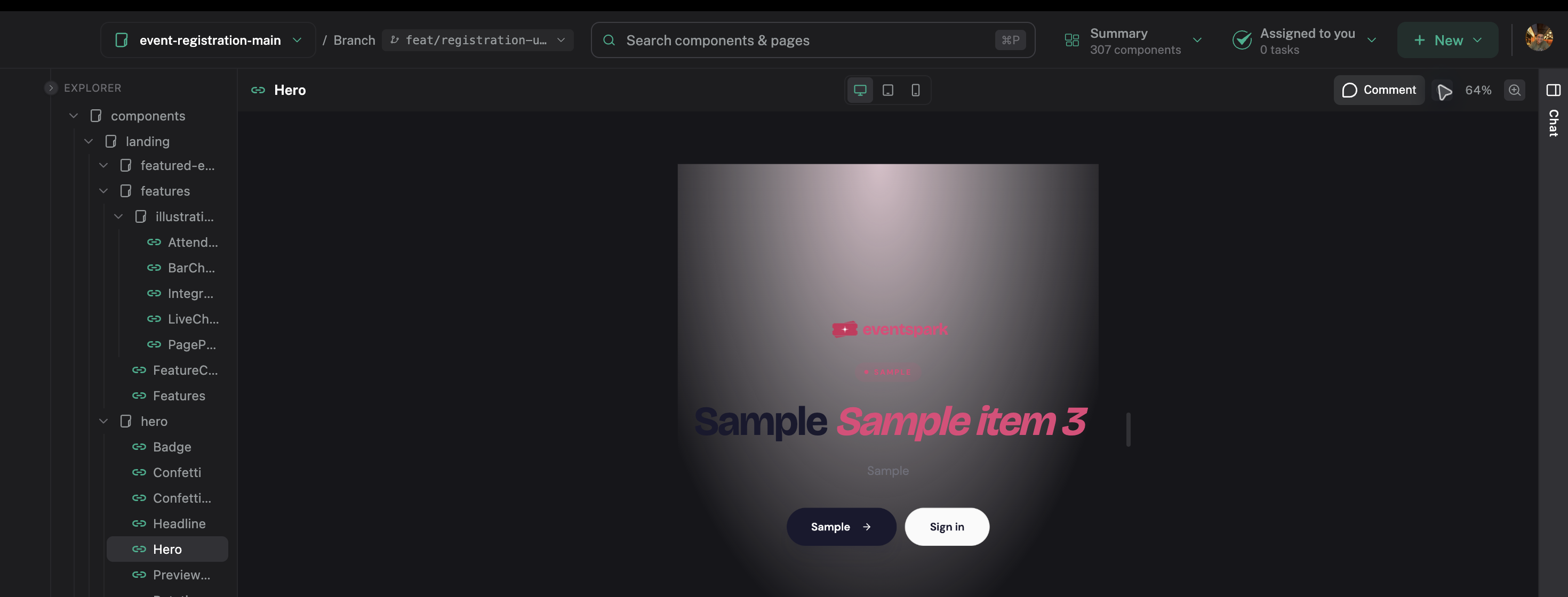 Single Component View shows the selected Hero component in isolation with responsive controls.