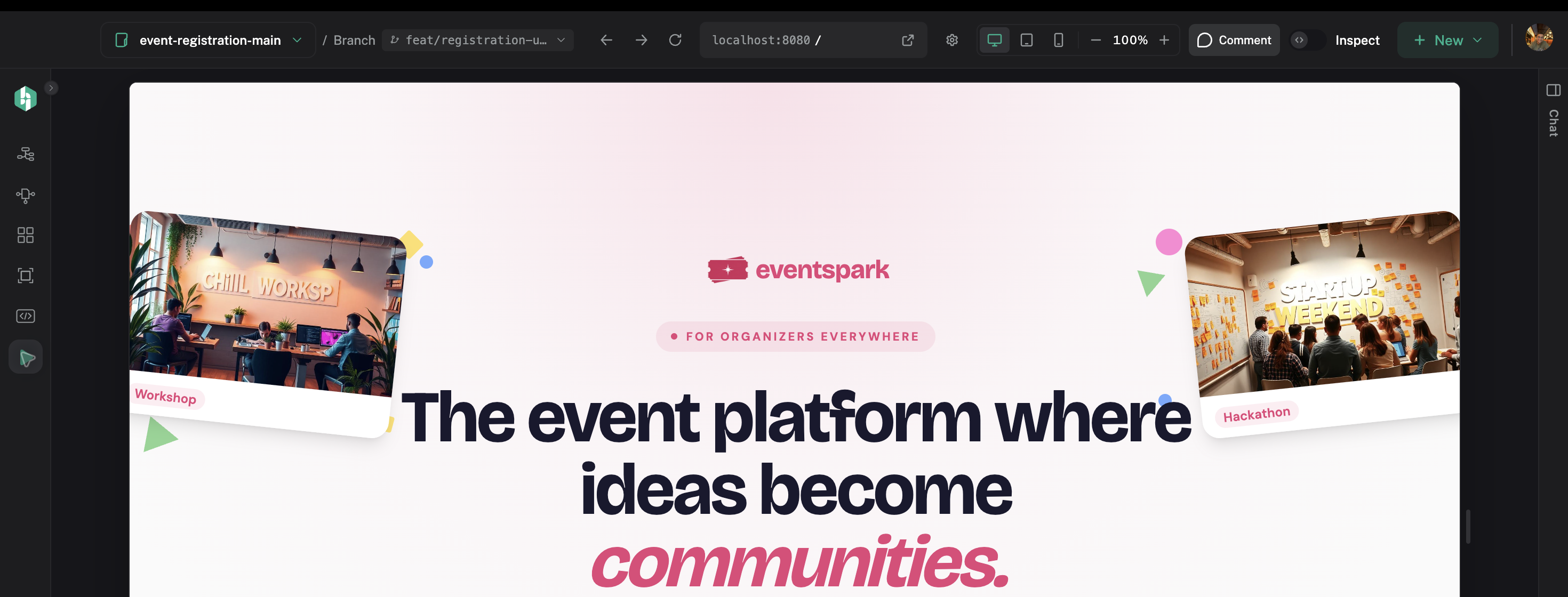 Preview App shows the running project with navigation, device controls, zoom, Comment, and Inspect.