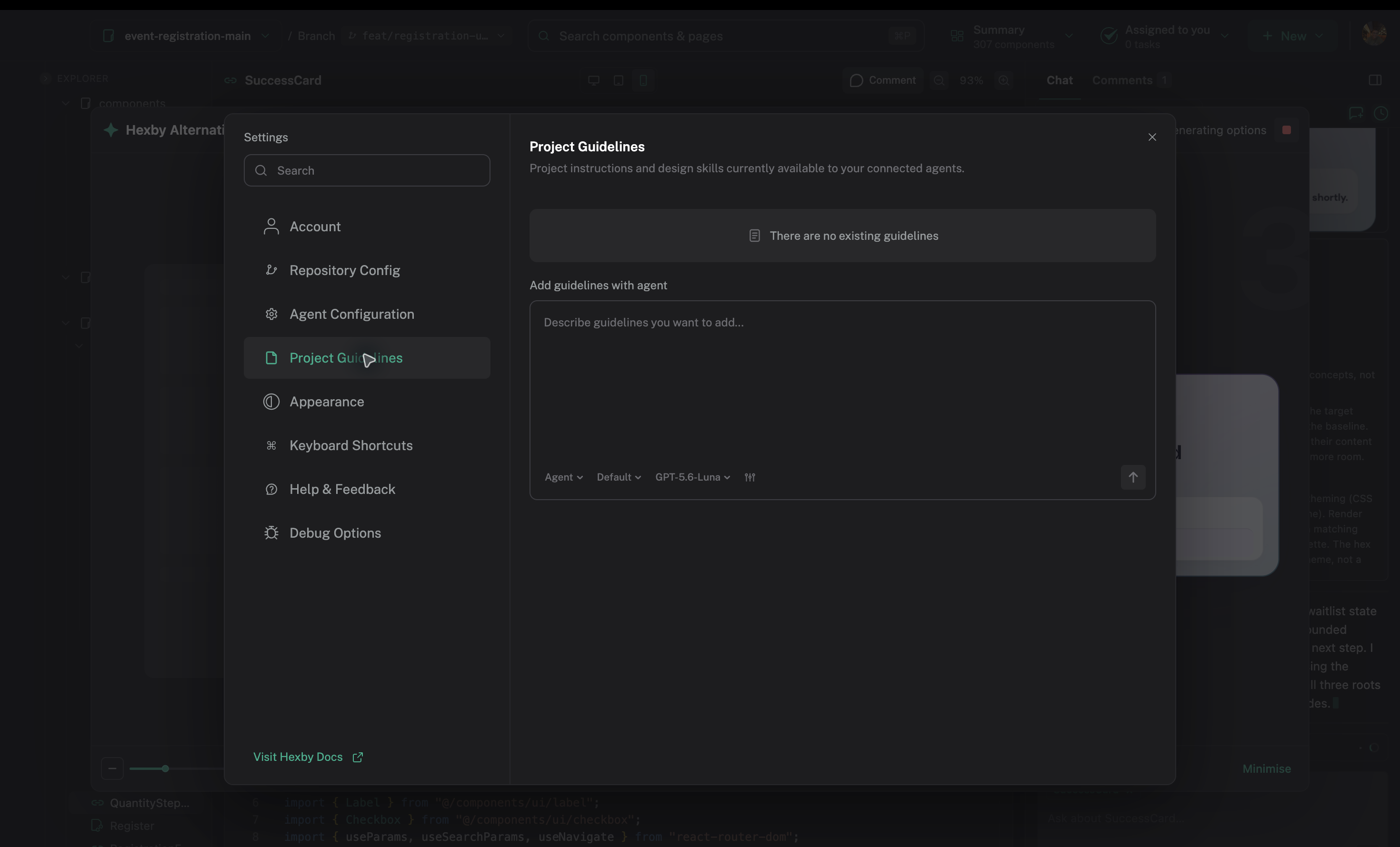 Settings is open to Project Guidelines, with the project instructions panel and agent prompt visible.