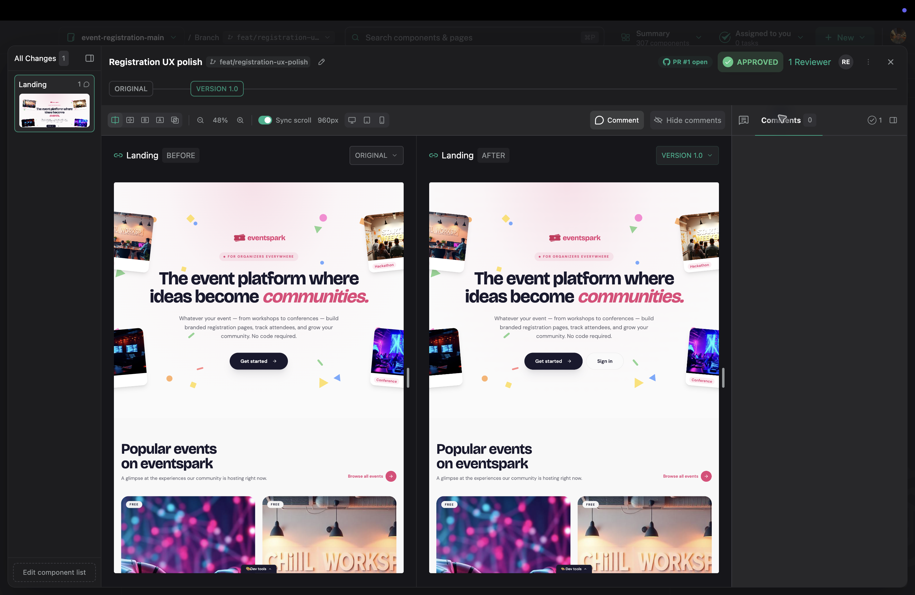 The current Review Changes view shows a changed component, rendered before-and-after previews, review controls, and an open pull request.