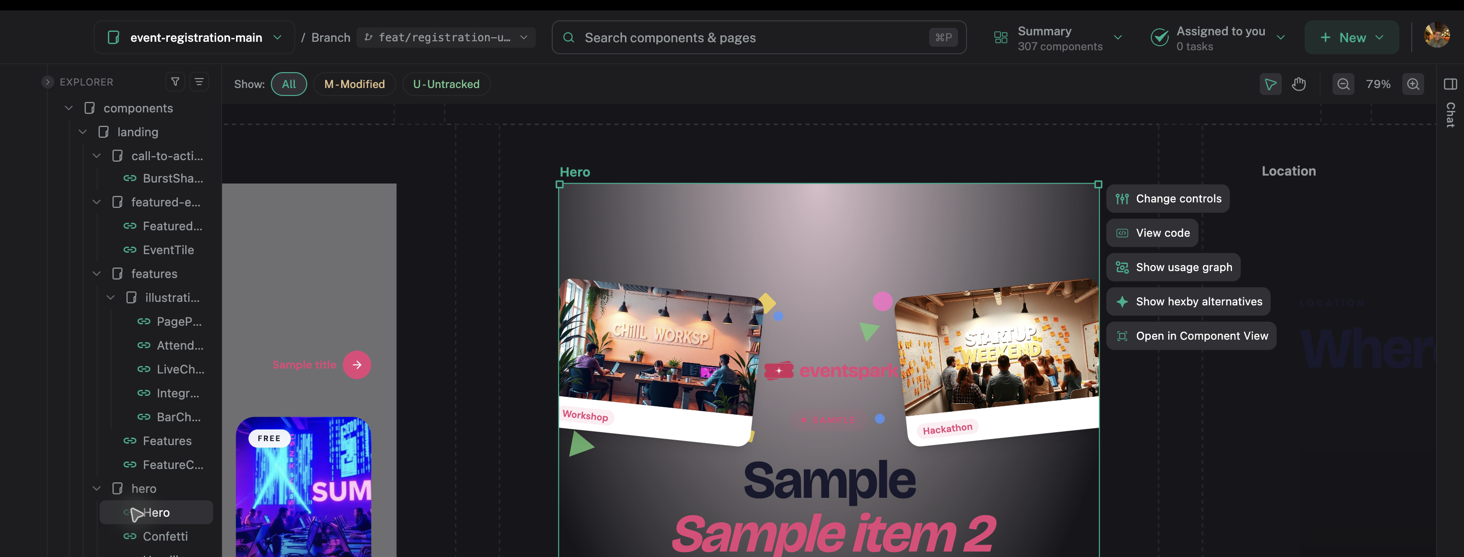The selected Hero component exposes actions for controls, code, usage, alternatives, and Component View.
