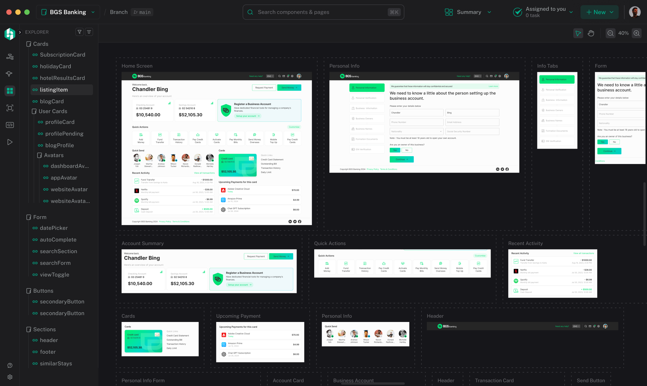 The Hexby All Components view for the BGS Banking project: a components list on the left and a free canvas of live previews on the right, grouped in dashed frames — Home screen, Personal info, Account summary, Quick actions and the rest of the library.