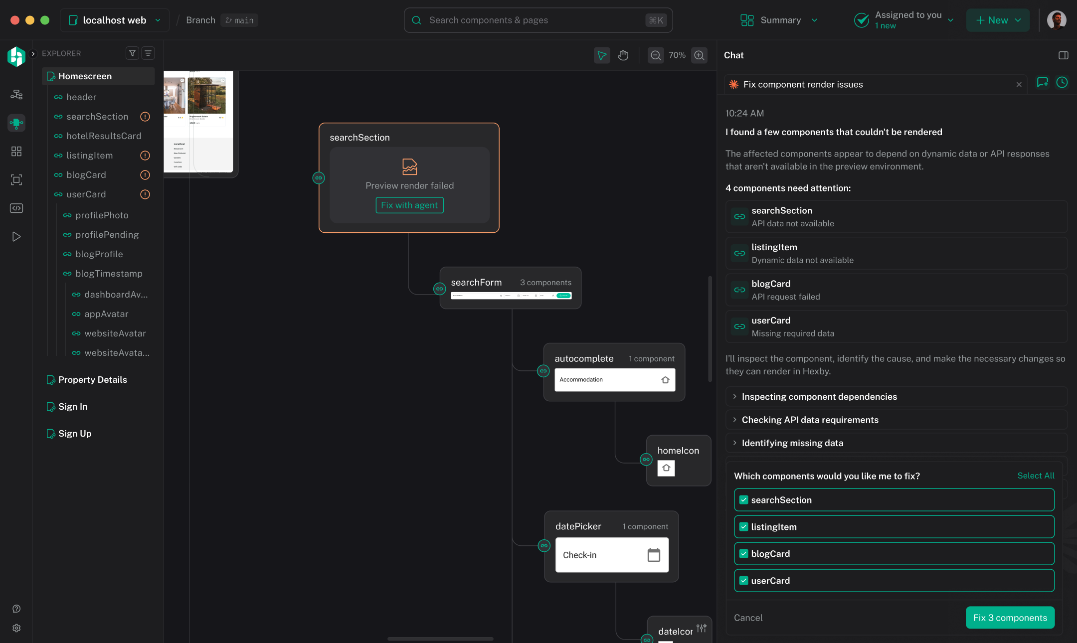 The Hexby chat panel open on the Pages view: the agent reports components that failed to render, lists searchSection, listingItem, blogCard and userCard, and offers a Fix 3 components action.
