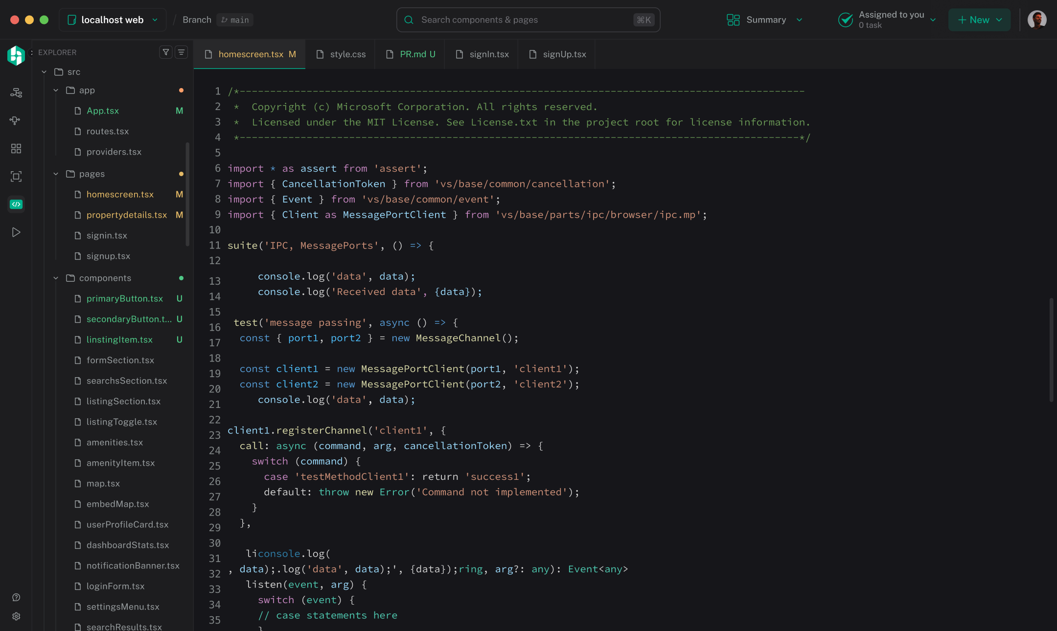 The Hexby Code View: a file tree with git decorations on the left, open tabs for homescreen, style.css, PR.md, signin and signup, and the homescreen TypeScript source in the editor.