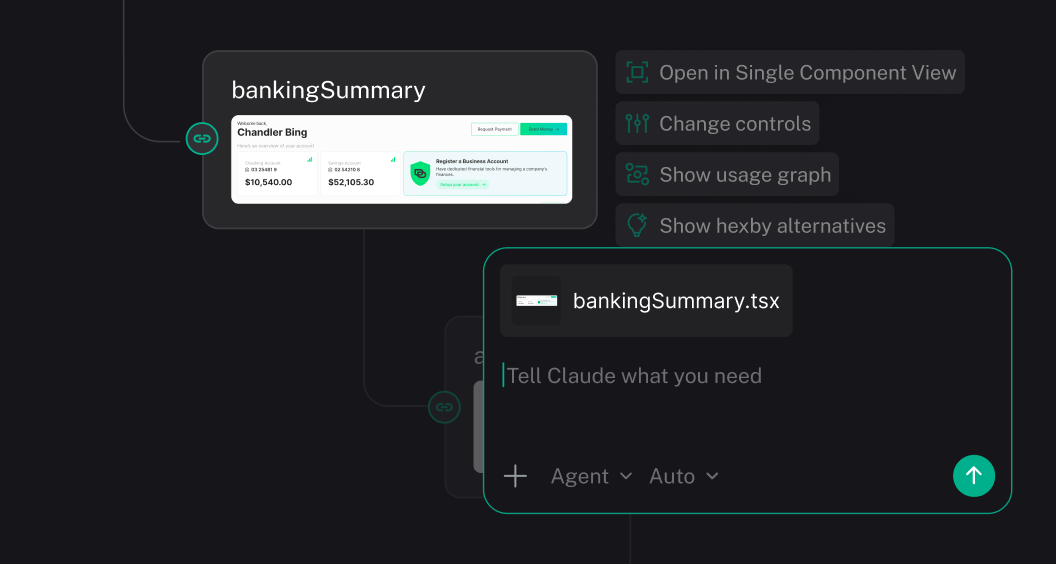 A Hexby canvas with the bankingSummary component selected and an agent chat typing “Make the cards same width”.
