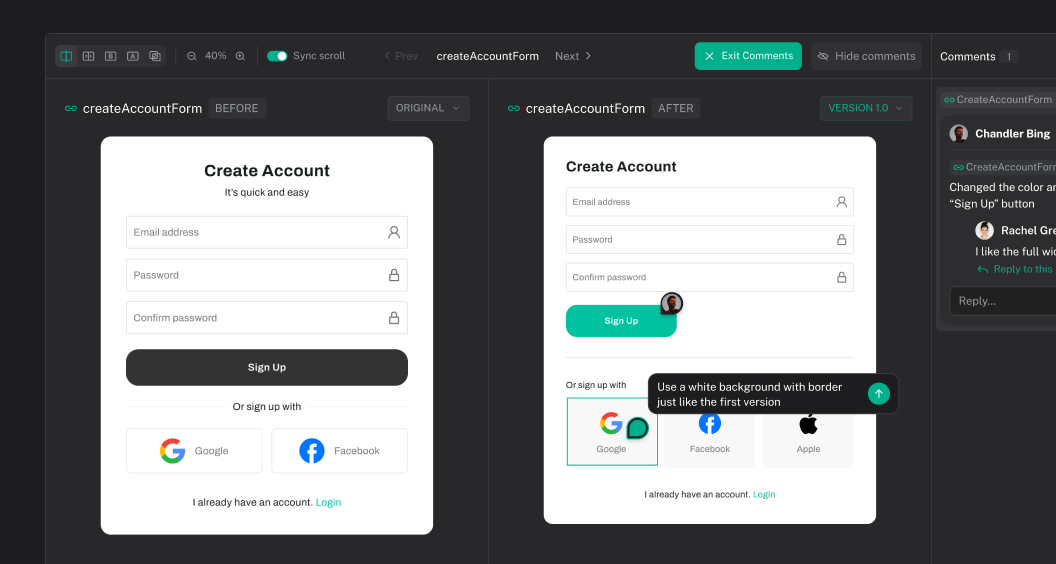 The Hexby Review view comparing before and after of a Create Account form, with a pinned comment on the Google button.