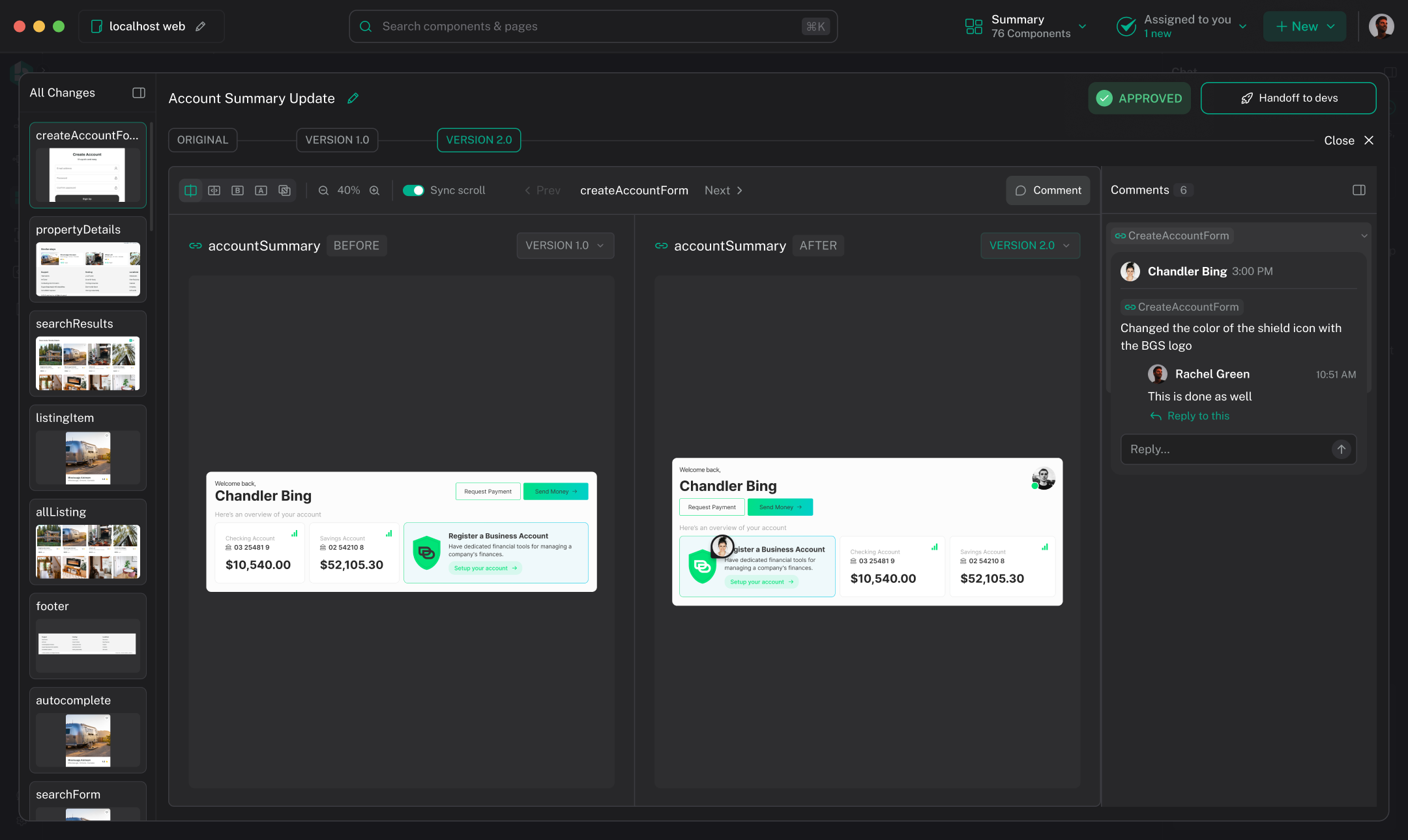 The Hexby Review view comparing before and after side by side, with the review approved and Hand off to Devs ready.