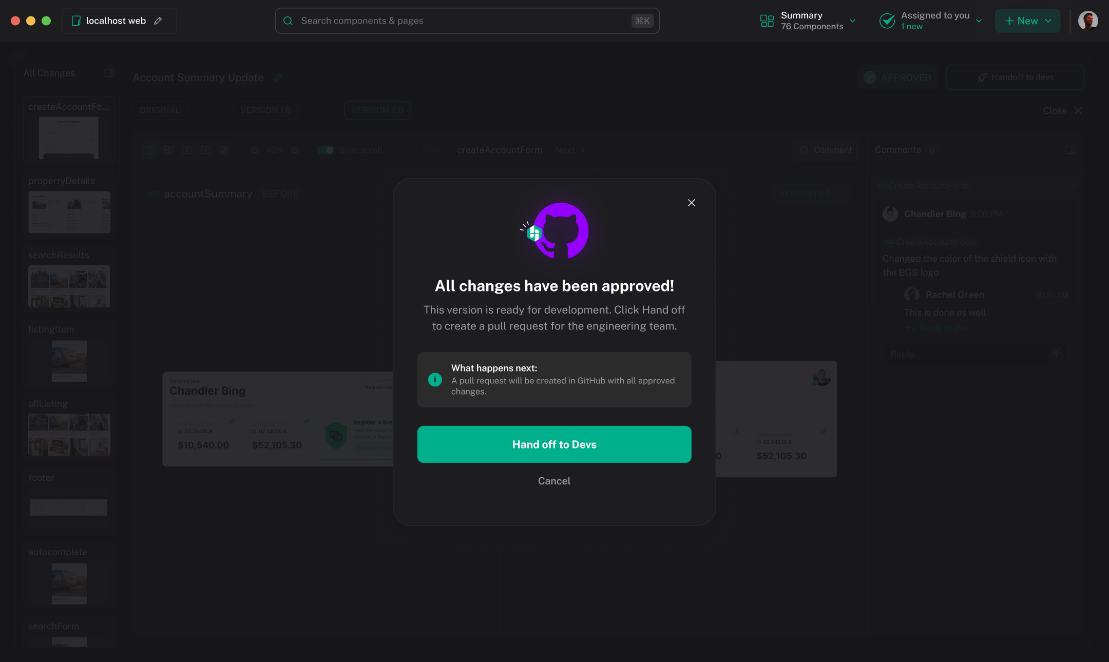 The Hexby Review view with the Hand off to Devs dialog open: all changes have been approved, and handing off will create a GitHub pull request.