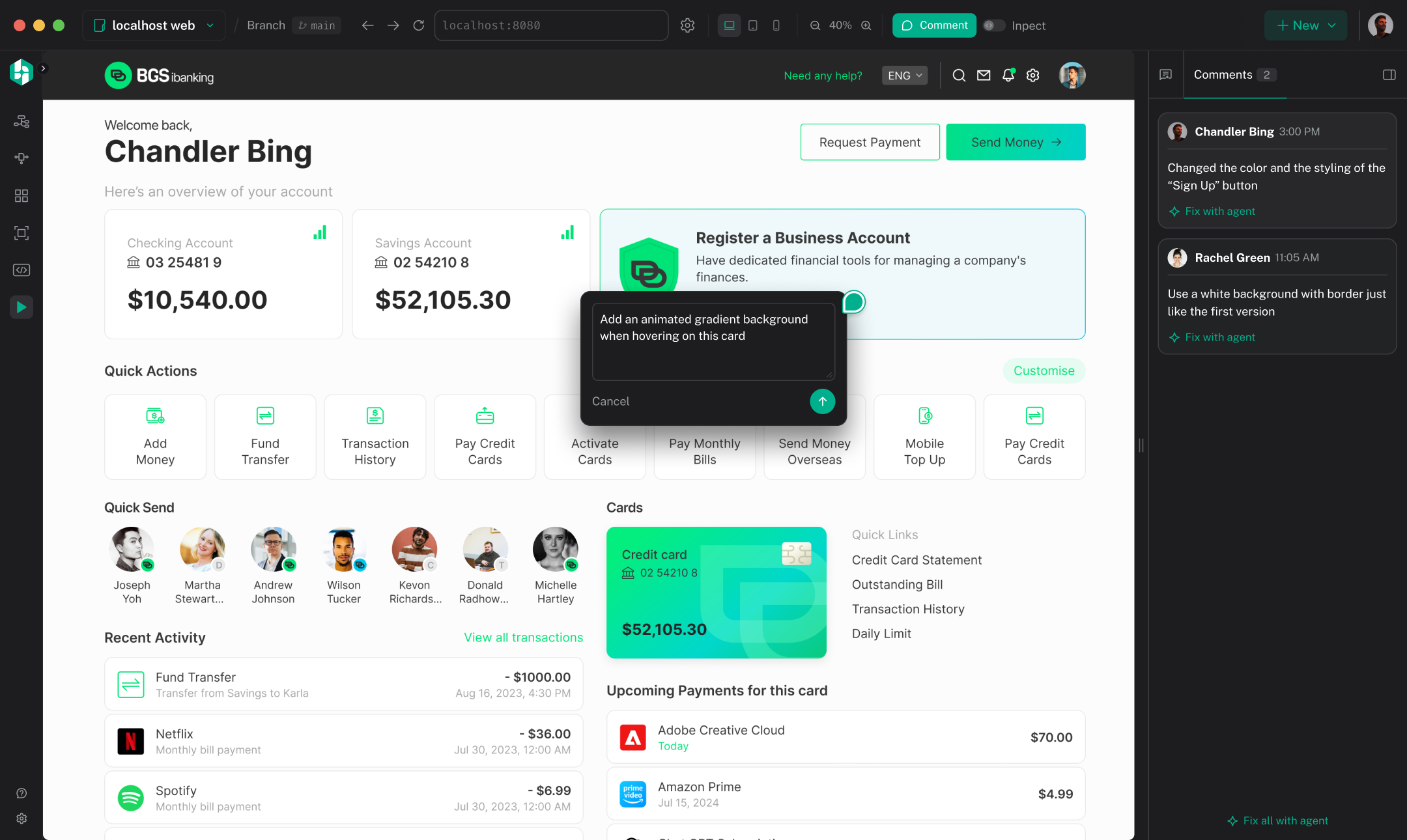A live product preview with a comment on a card and agent-ready review notes in the sidebar.