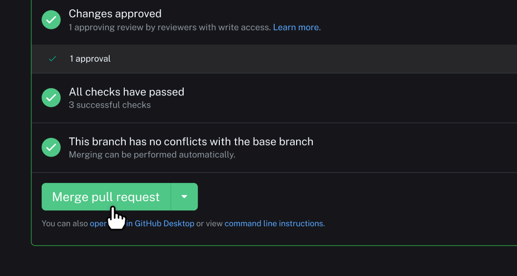 A GitHub pull request ready to merge, with changes approved, checks passed, and no conflicts.