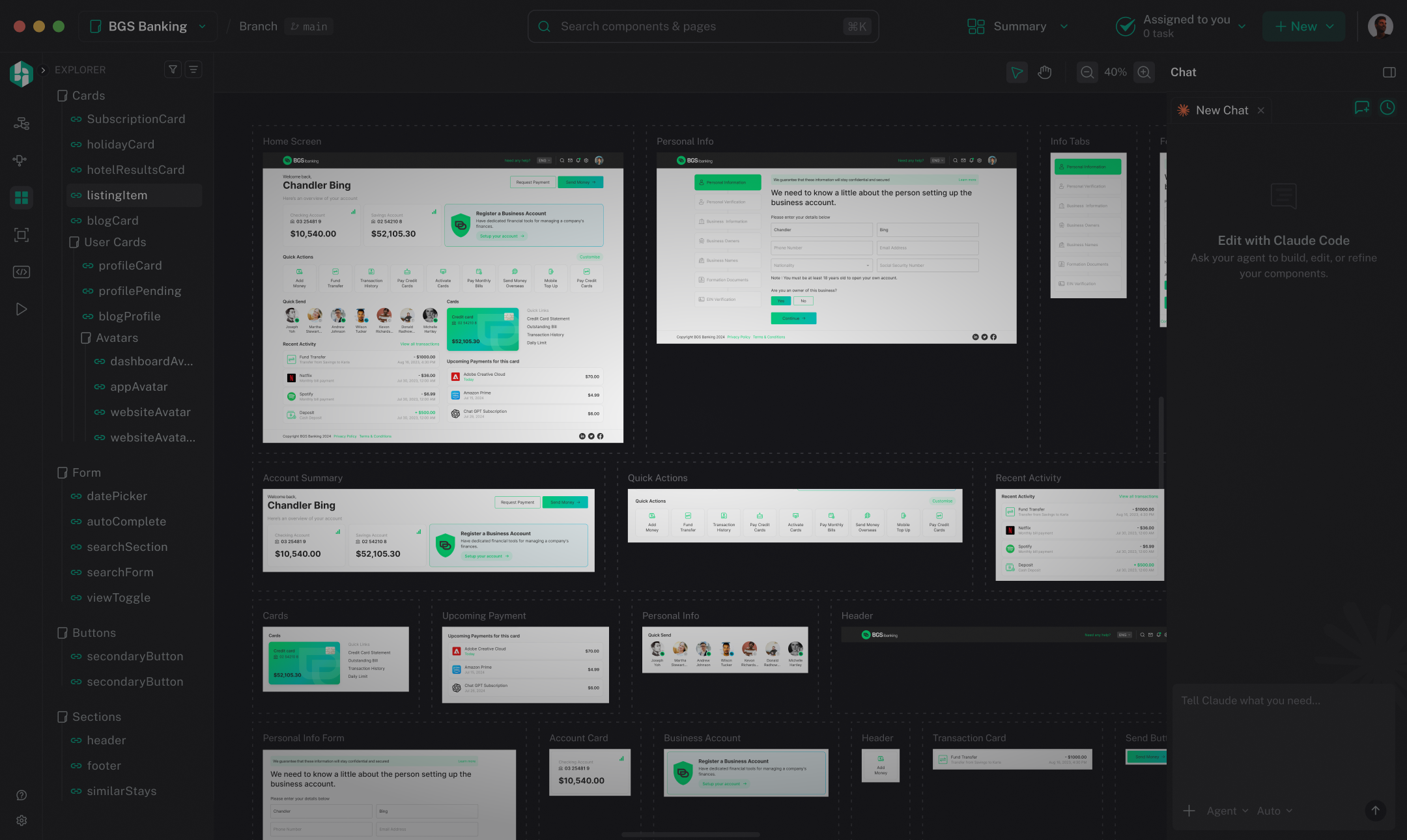 The Hexby canvas for a project: screens laid out as cards on the map, with the explorer on the left and agent chat on the right.