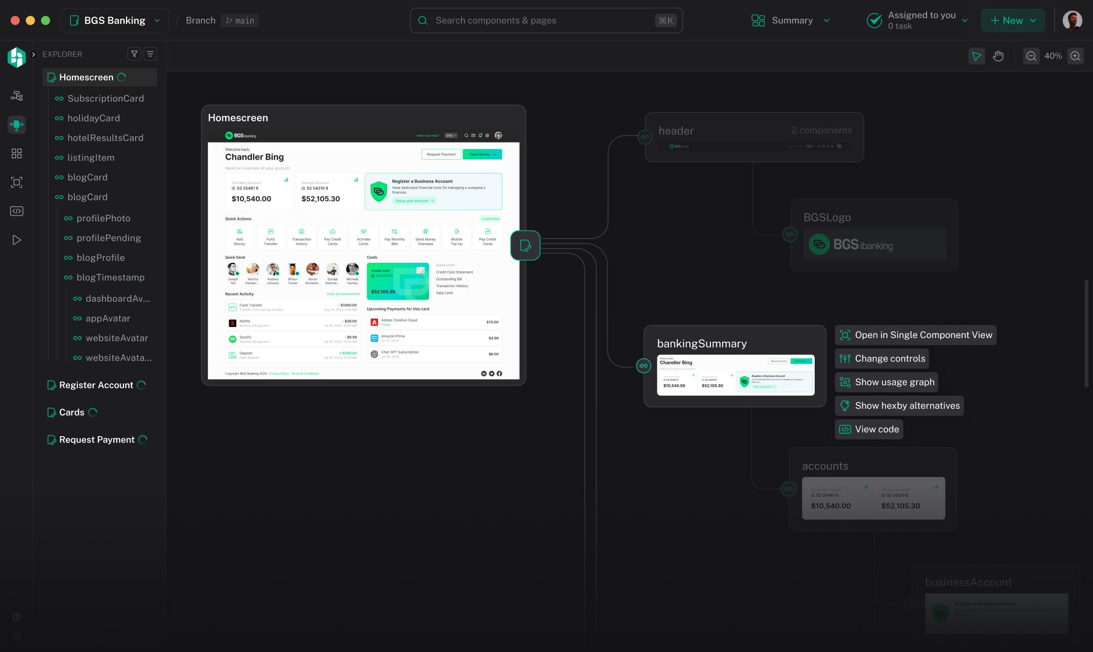 The Hexby Pages view for the BGS Banking project: Homescreen selected in the pages list on the left, with its dependency closure on the canvas — header, BGS logo, banking summary, accounts and business account — each showing the screen it renders.