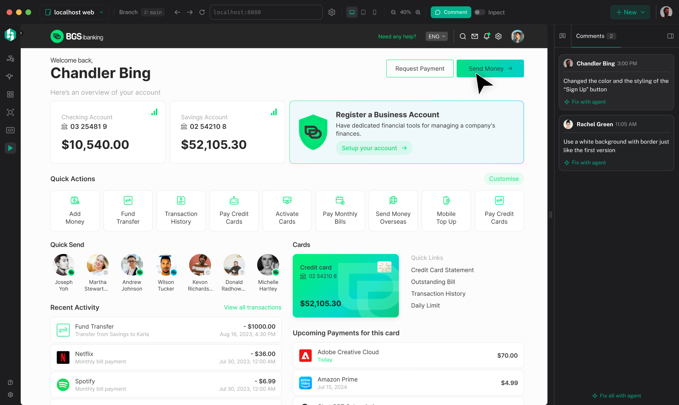 The Hexby Preview App running the BGS Banking dashboard at localhost:8060, with Comment and Inspect in the toolbar, a live welcome overview in the frame, and review comments in the right panel.