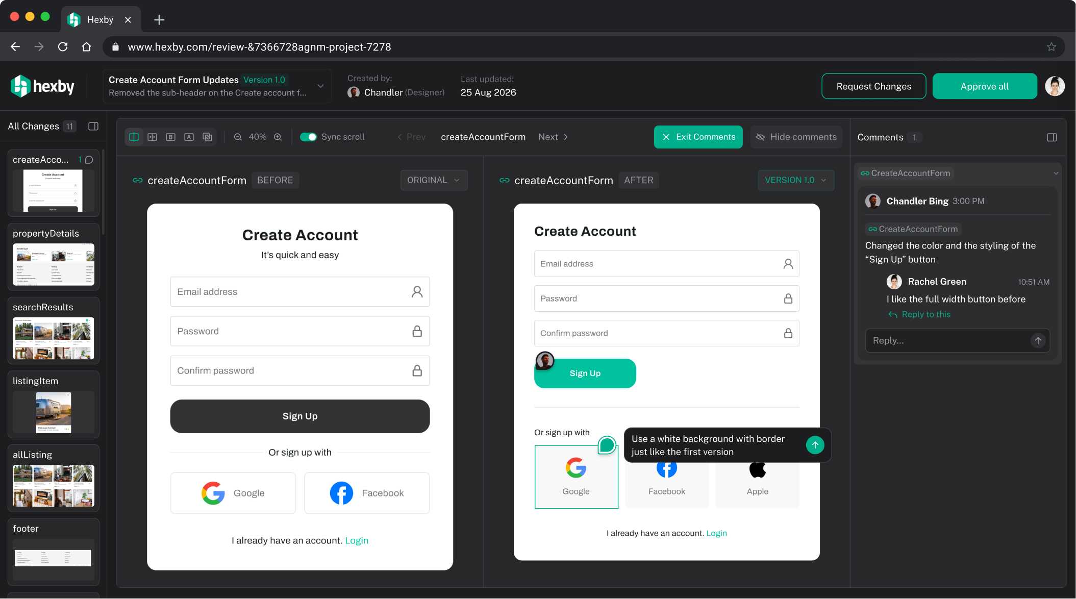 A Hexby review in the browser: createAccountForm before and after side by side, changed components on the left, and comments on the right asking for a white Sign Up button and a bordered social-sign-in row.