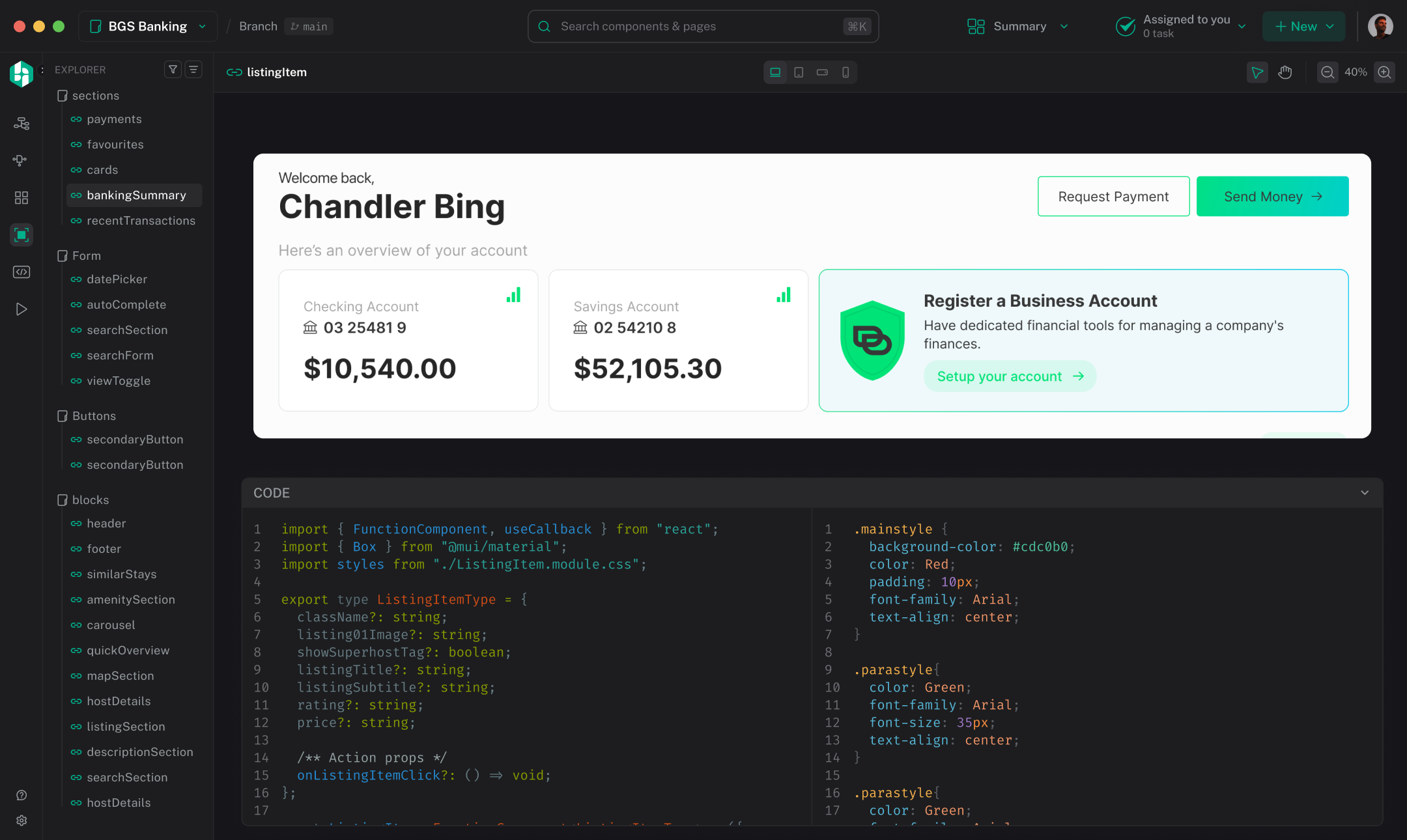 The Hexby Single Component View for listingItem: the live banking welcome card in the middle of the canvas, with its TypeScript and CSS open side by side in the code dock below.